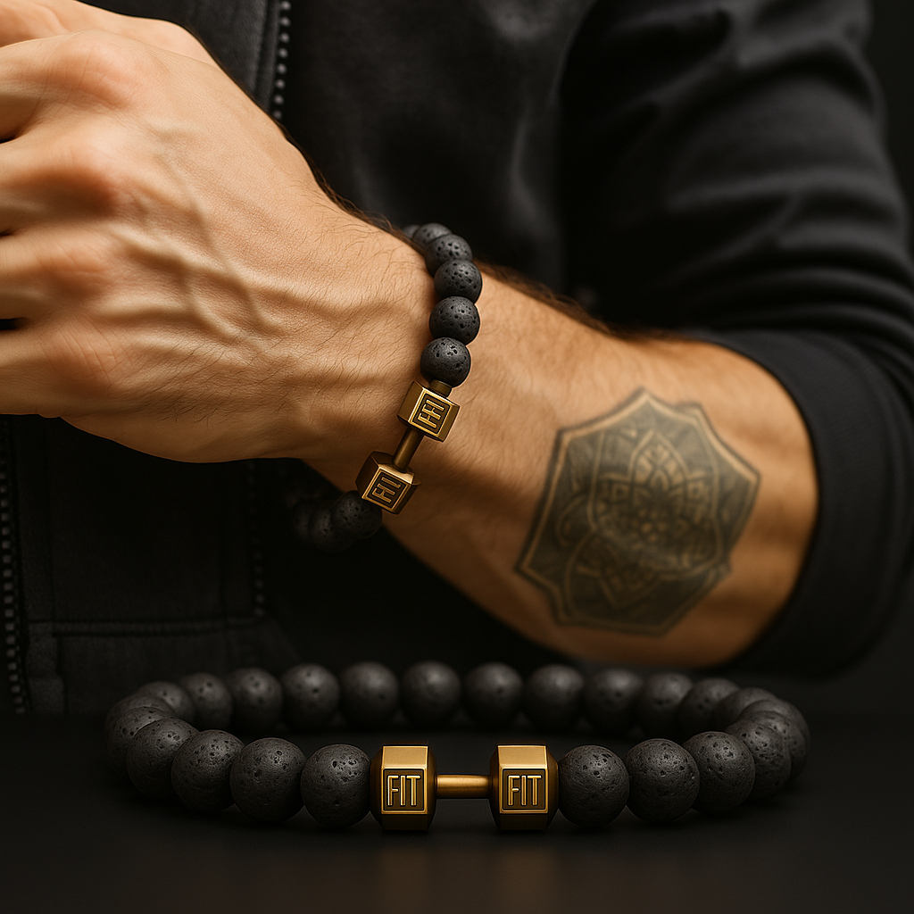 Pulsera de Piedra Volcánica con Dije de Mancuerna – Energía, Estilo y Fuerza Interior