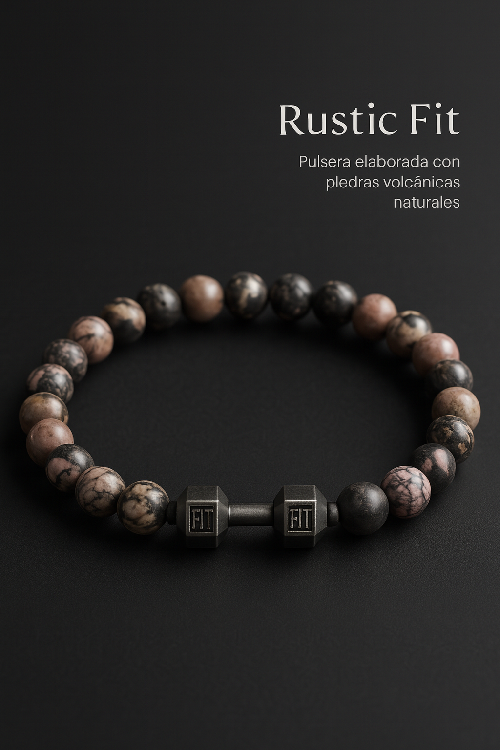 Pulsera de Piedra Volcánica con Dije de Mancuerna – Energía, Estilo y Fuerza Interior